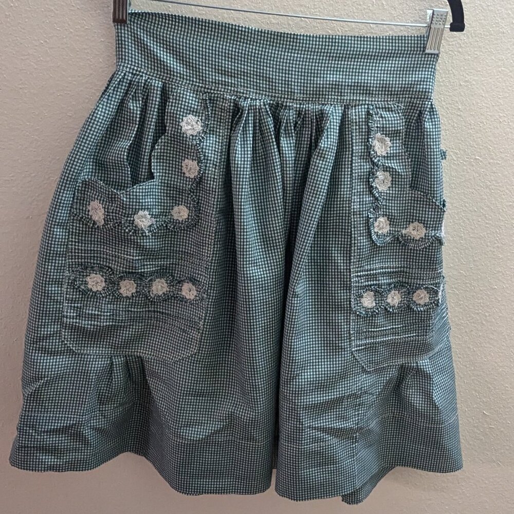 Vintage Embroidered Green Gingham Apron